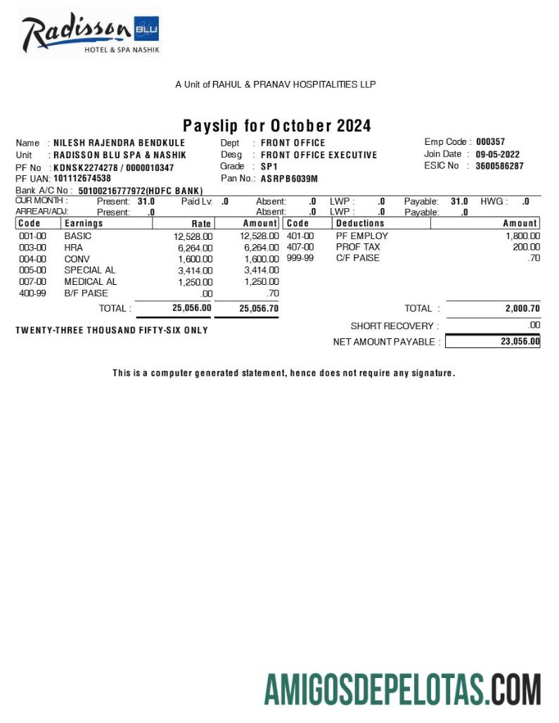Realista Modelo de recibo de pagamento do Radisson Blu Hotel & Spa em formatos Word e PDF.pdf, 1